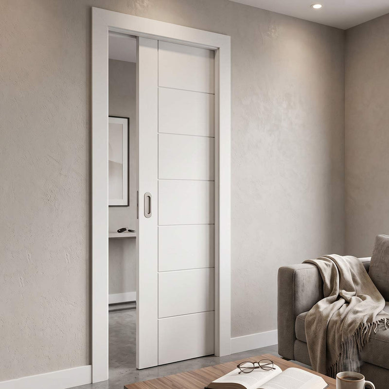 Value Single Evokit Pocket Door - 7 panel Flush Style Internal - White Primed