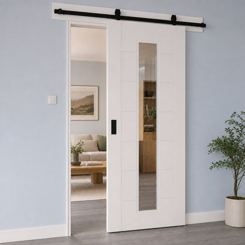 Top Mounted Black Sliding Track & Door - Value 7 Panel Door 3/4 Clear Glass - White Primed
