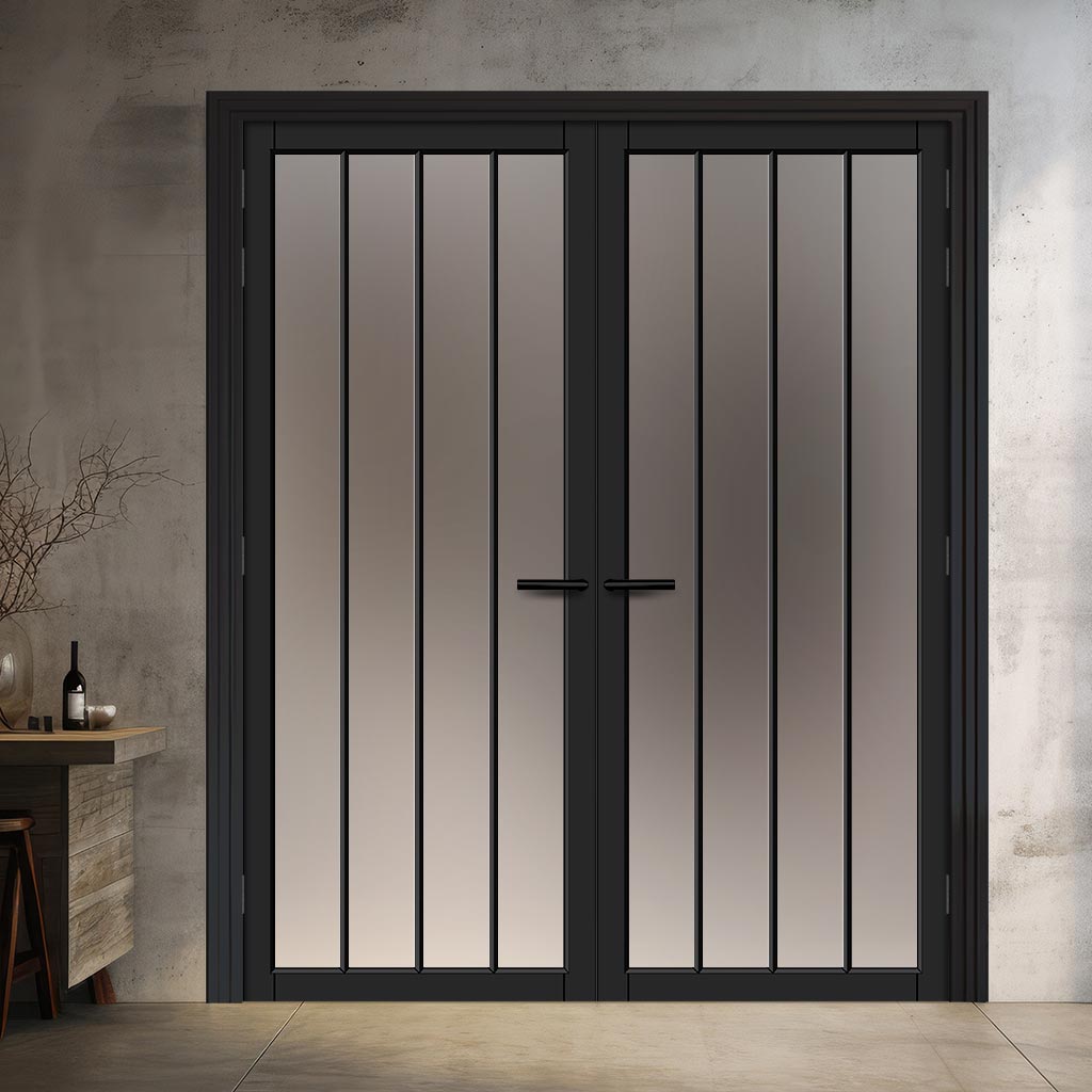 Adiba Solid Wood Internal Door Pair UK Made DD0106F Frosted Glass - Shadow Black Premium Primed - Urban Lite® Bespoke Sizes