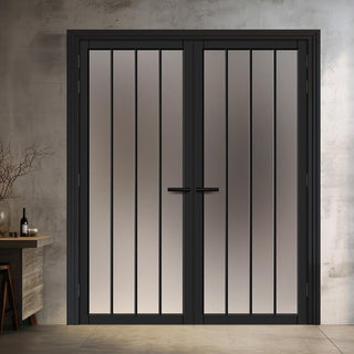 Image: Adiba Solid Wood Internal Door Pair UK Made DD0106F Frosted Glass - Shadow Black Premium Primed - Urban Lite® Bespoke Sizes