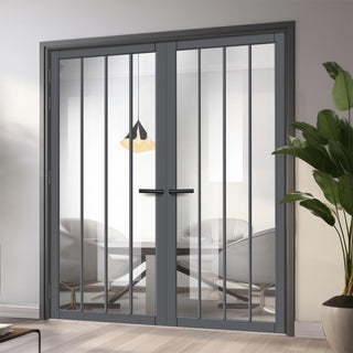 Image: Adiba Solid Wood Internal Door Pair UK Made DD0106C Clear Glass - Stormy Grey Premium Primed - Urban Lite® Bespoke Sizes