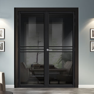 Image: Adina Solid Wood Internal Door Pair UK Made DD0107T Tinted Glass - Shadow Black Premium Primed - Urban Lite® Bespoke Sizes