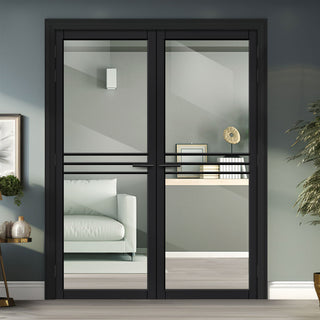 Image: Adina Solid Wood Internal Door Pair UK Made DD0107C Clear Glass - Shadow Black Premium Primed - Urban Lite® Bespoke Sizes