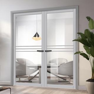Image: Adina Solid Wood Internal Door Pair UK Made DD0107C Clear Glass - Mist Grey Premium Primed - Urban Lite® Bespoke Sizes