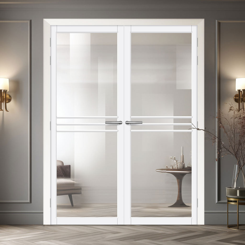 Adina Solid Wood Internal Door Pair UK Made DD0107C Clear Glass - Cloud White Premium Primed - Urban Lite® Bespoke Sizes
