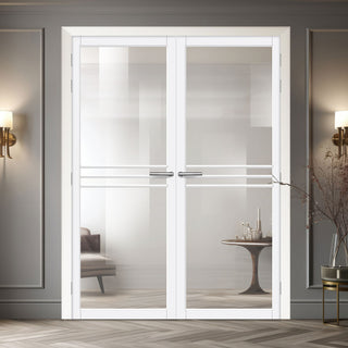 Image: Adina Solid Wood Internal Door Pair UK Made DD0107C Clear Glass - Cloud White Premium Primed - Urban Lite® Bespoke Sizes