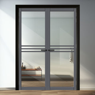Image: Adina Solid Wood Internal Door Pair UK Made DD0107C Clear Glass - Stormy Grey Premium Primed - Urban Lite® Bespoke Sizes
