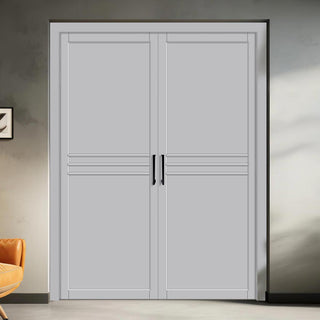 Image: Adina Panel Solid Wood Internal Door Pair UK Made DD0107P - Mist Grey Premium Primed - Urban Lite® Bespoke Sizes