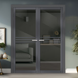 Image: Adina Solid Wood Internal Door Pair UK Made DD0107T Tinted Glass - Stormy Grey Premium Primed - Urban Lite® Bespoke Sizes