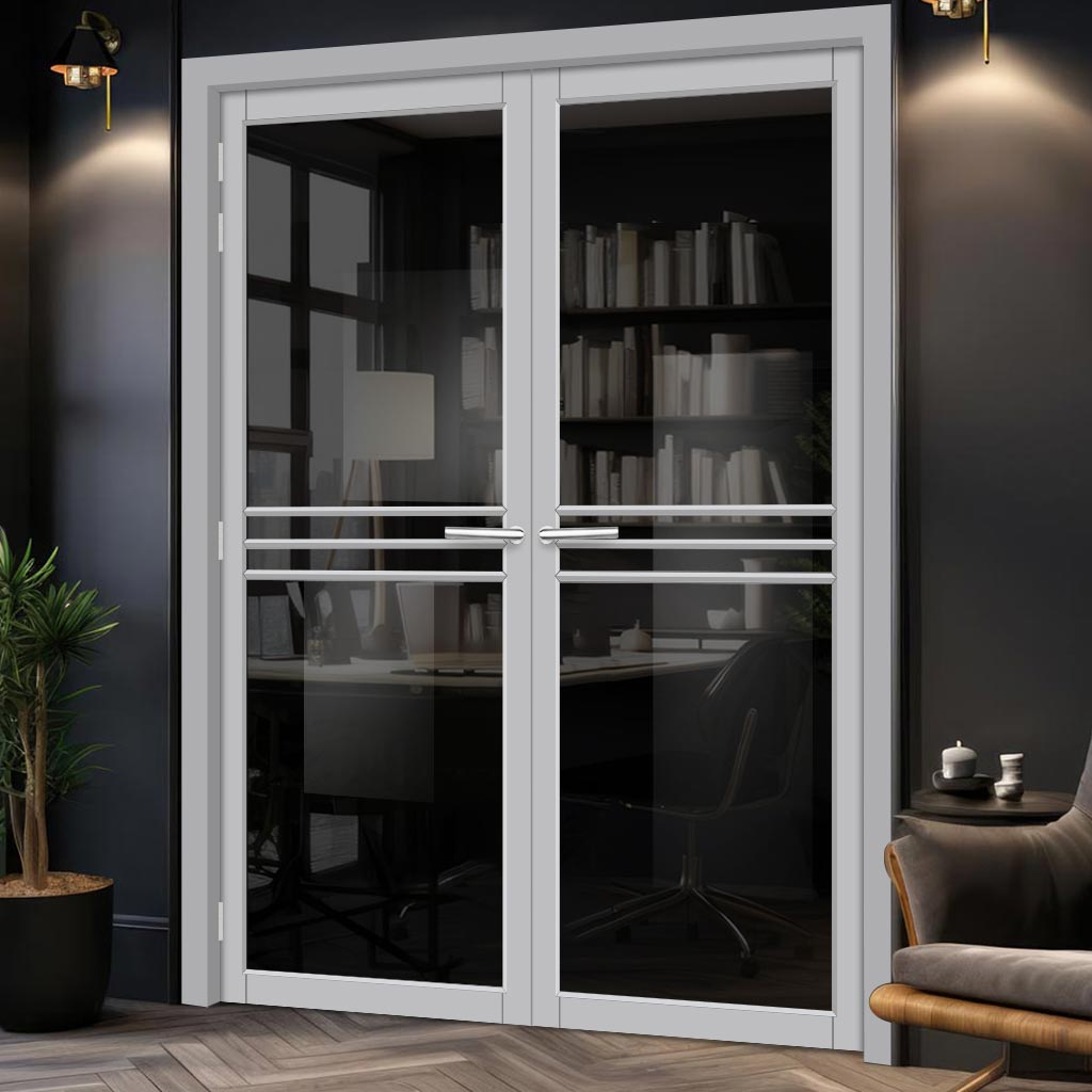 Adina Solid Wood Internal Door Pair UK Made DD0107T Tinted Glass - Mist Grey Premium Primed - Urban Lite® Bespoke Sizes
