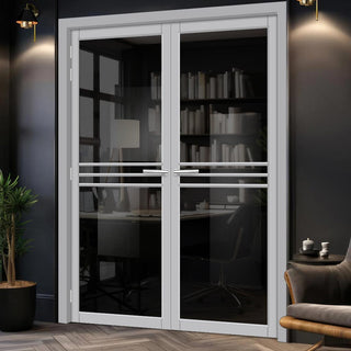 Image: Adina Solid Wood Internal Door Pair UK Made DD0107T Tinted Glass - Mist Grey Premium Primed - Urban Lite® Bespoke Sizes