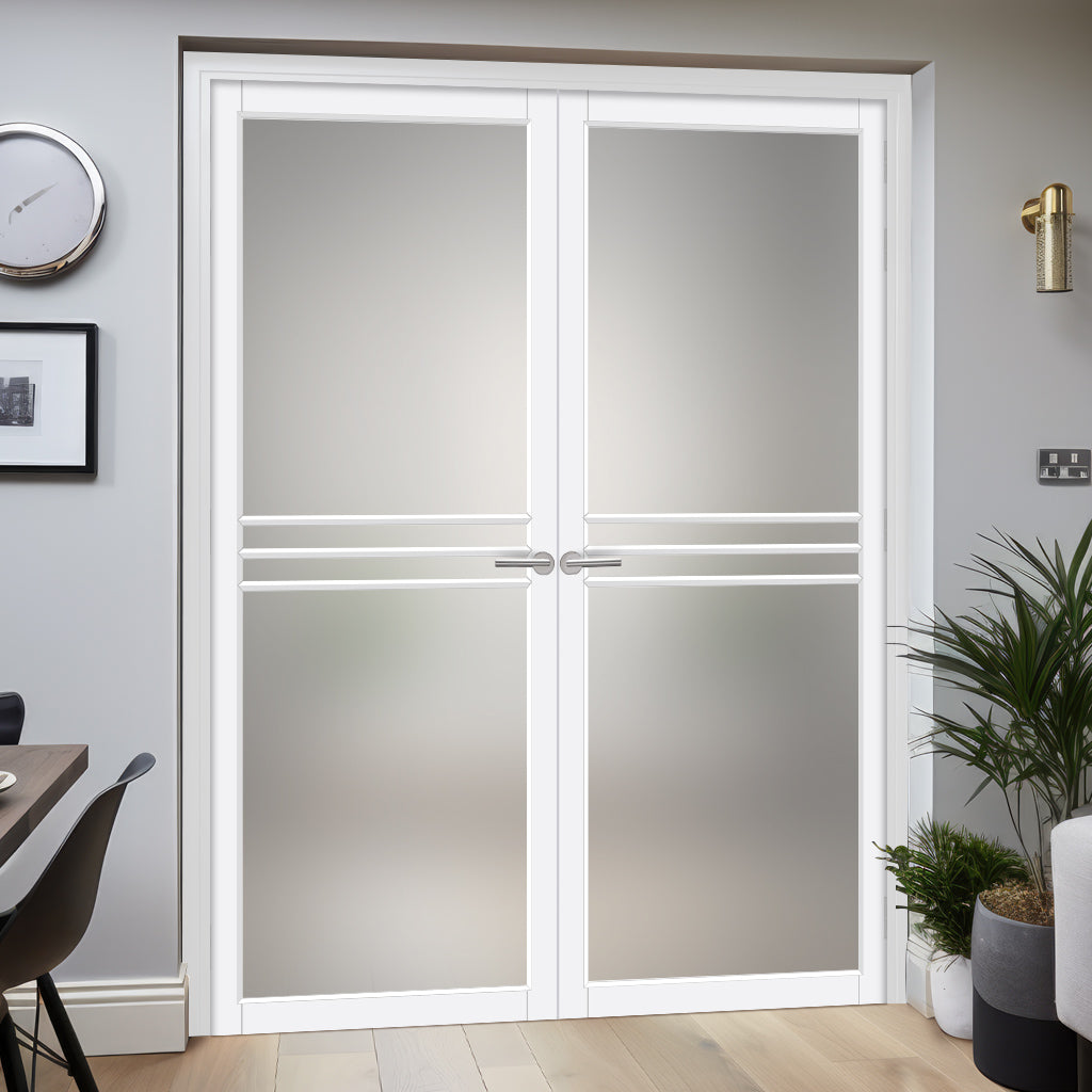 Adina Solid Wood Internal Door Pair UK Made DD0107F Frosted Glass - Cloud White Premium Primed - Urban Lite® Bespoke Sizes