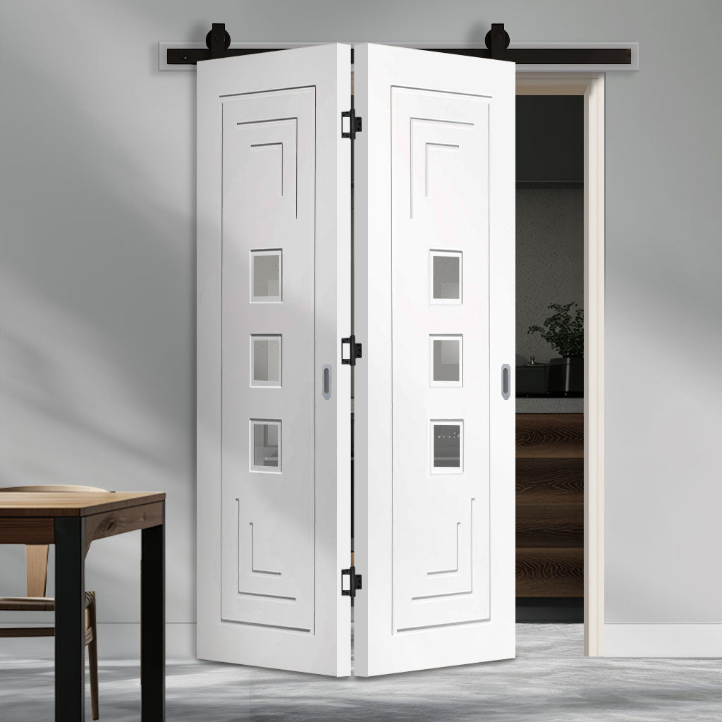 SpaceEasi Top Mounted Black Folding Track & Double Door - Altino Door - Clear Glass - White Primed