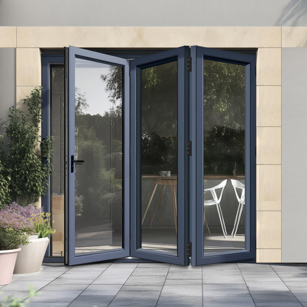 AluVu external bi-fold doors, specifically featuring a pre-finished anthracite grey aluminum frame