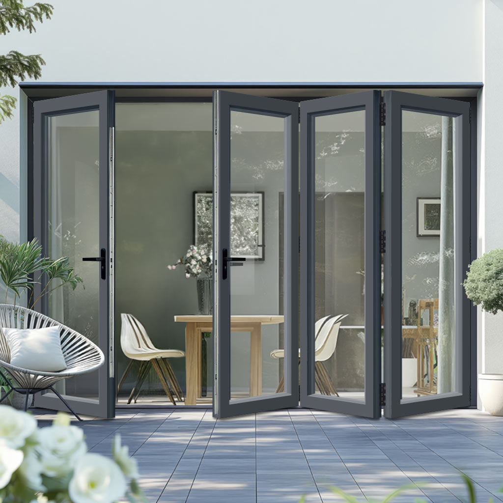 a set of aluminium bifold doors, which are external folding doors designed to seamlessly connect indoor and outdoor living spaces