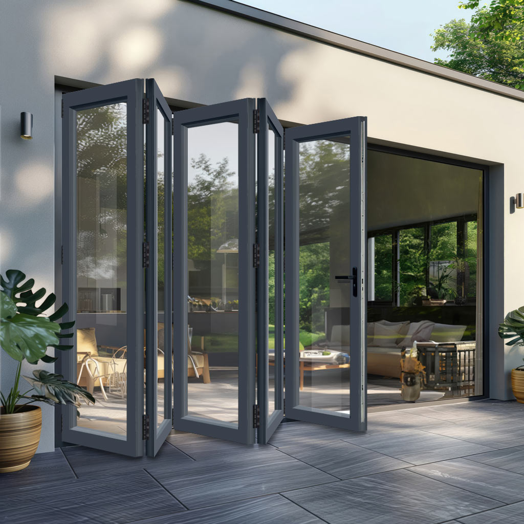 External Patio Folding AluVu Doors 5+0 - Fully Finished In Anthracite Grey - 4190mm x 2090mm - Opens Out