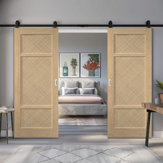 Image: Top Mounted Black Sliding Track & Double Door - Alvin Oak Panel Internal Door - Prefinished