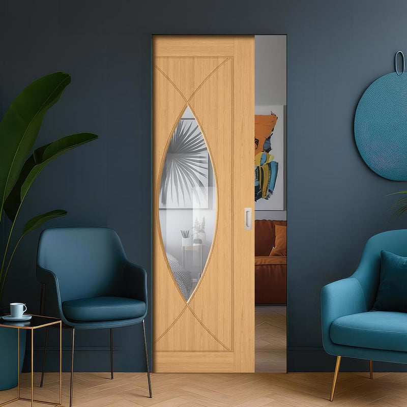 Amalfi Oak Single Absolute Evokit Pocket Door - Prefinished - Clear Glass