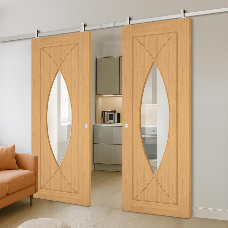 Top Mounted Stainless Steel Sliding Track & Amalfi Prefinished Oak Double Door - Clear Glass