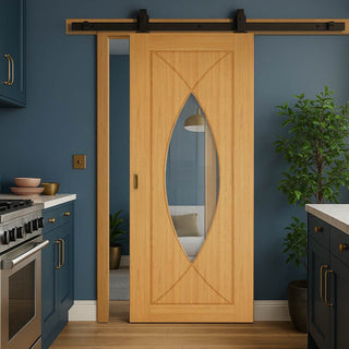 Image: Top Mounted Black Sliding Track & Door - Amalfi Oak Door - Clear Glass - Prefinished