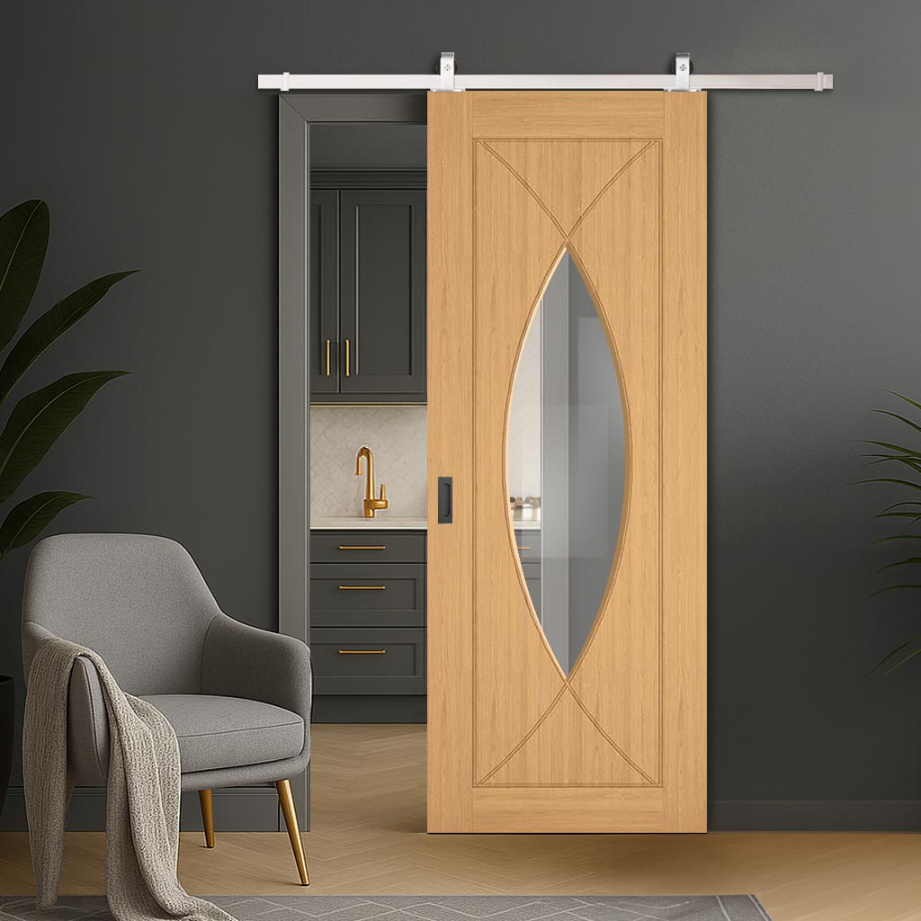 Top Mounted Stainless Steel Sliding Track & Amalfi Prefinished Oak Door - Clear Glass