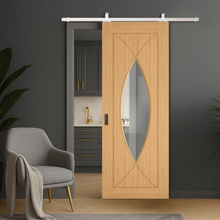 Image: Top Mounted Stainless Steel Sliding Track & Amalfi Prefinished Oak Door - Clear Glass