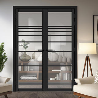 Image: Amoo Solid Wood Internal Door Pair UK Made DD0112C Clear Glass - Shadow Black Premium Primed - Urban Lite® Bespoke Sizes