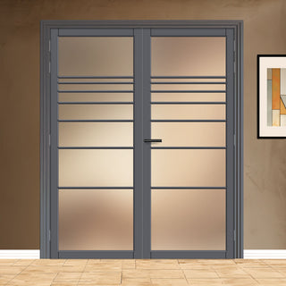Image: Amoo Solid Wood Internal Door Pair UK Made DD0112F Frosted Glass - Stormy Grey Premium Primed - Urban Lite® Bespoke Sizes