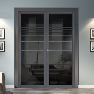 Image: Amoo Solid Wood Internal Door Pair UK Made DD0112T Tinted Glass - Stormy Grey Premium Primed - Urban Lite® Bespoke Sizes