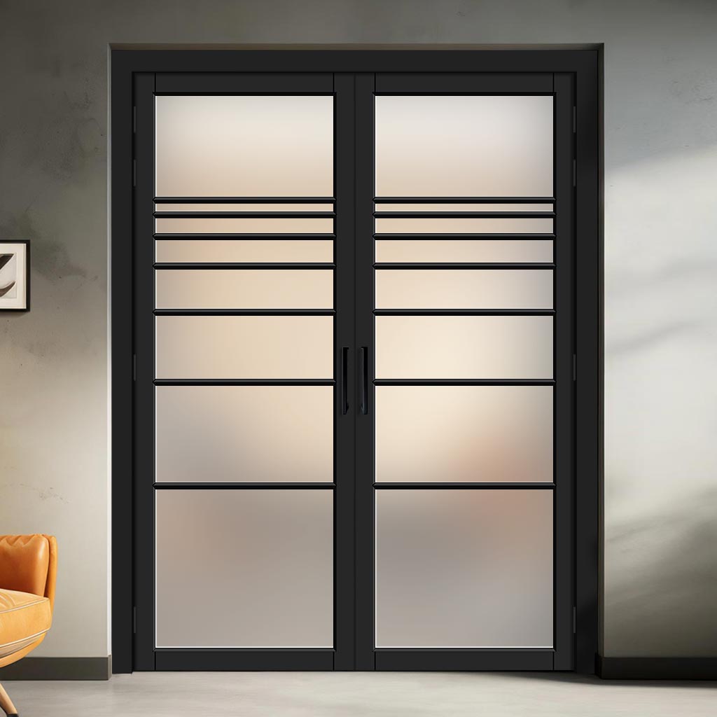 Amoo Solid Wood Internal Door Pair UK Made DD0112F Frosted Glass - Shadow Black Premium Primed - Urban Lite® Bespoke Sizes