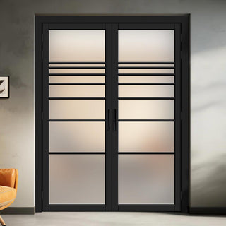 Image: Amoo Solid Wood Internal Door Pair UK Made DD0112F Frosted Glass - Shadow Black Premium Primed - Urban Lite® Bespoke Sizes