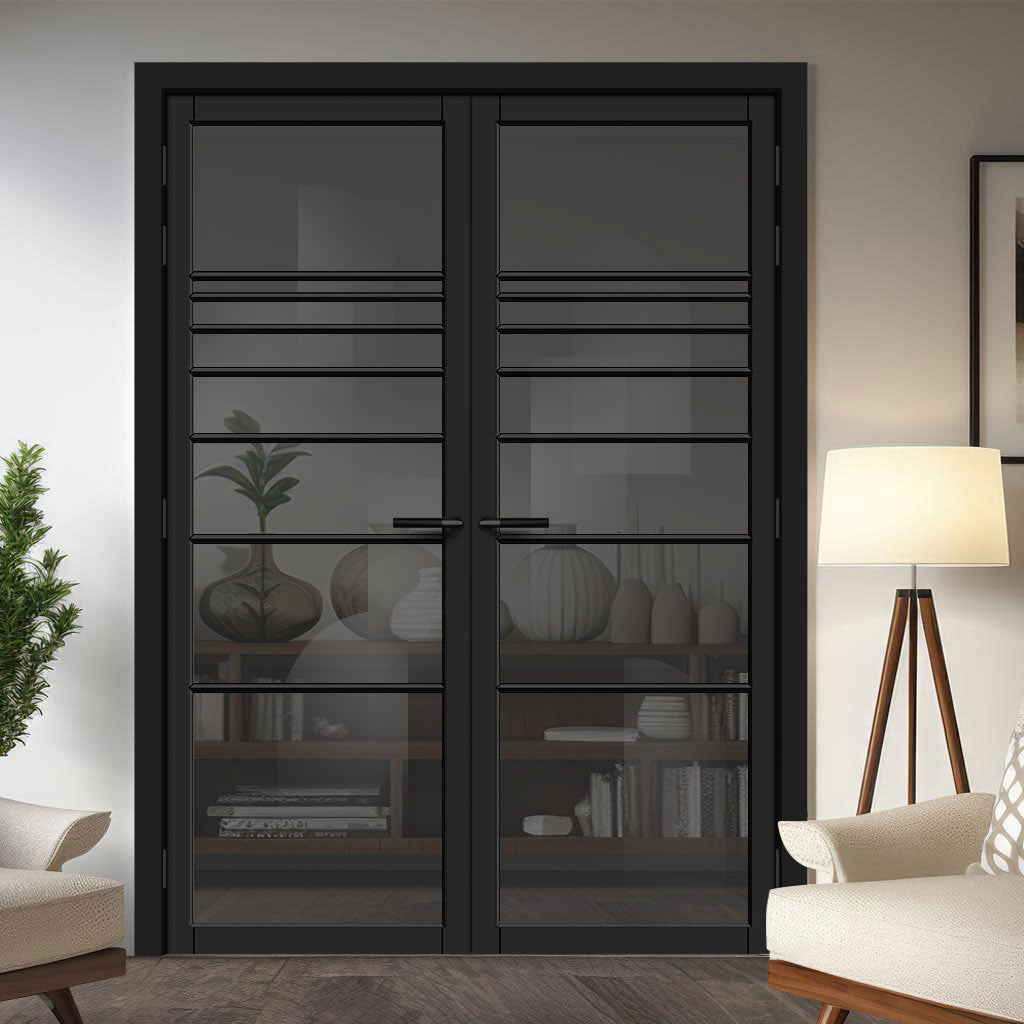 Amoo Solid Wood Internal Door Pair UK Made DD0112T Tinted Glass - Shadow Black Premium Primed - Urban Lite® Bespoke Sizes