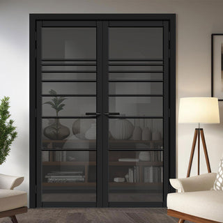 Image: Amoo Solid Wood Internal Door Pair UK Made DD0112T Tinted Glass - Shadow Black Premium Primed - Urban Lite® Bespoke Sizes