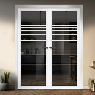 Image: Amoo Solid Wood Internal Door Pair UK Made DD0112T Tinted Glass - Cloud White Premium Primed - Urban Lite® Bespoke Sizes