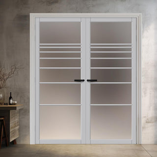 Image: Amoo Solid Wood Internal Door Pair UK Made DD0112F Frosted Glass - Mist Grey Premium Primed - Urban Lite® Bespoke Sizes