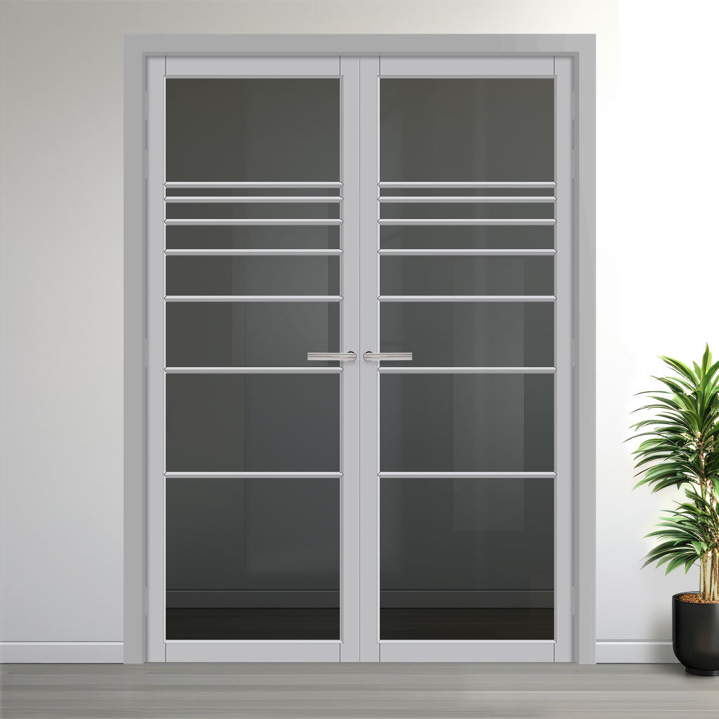 Amoo Solid Wood Internal Door Pair UK Made DD0112T Tinted Glass - Mist Grey Premium Primed - Urban Lite® Bespoke Sizes