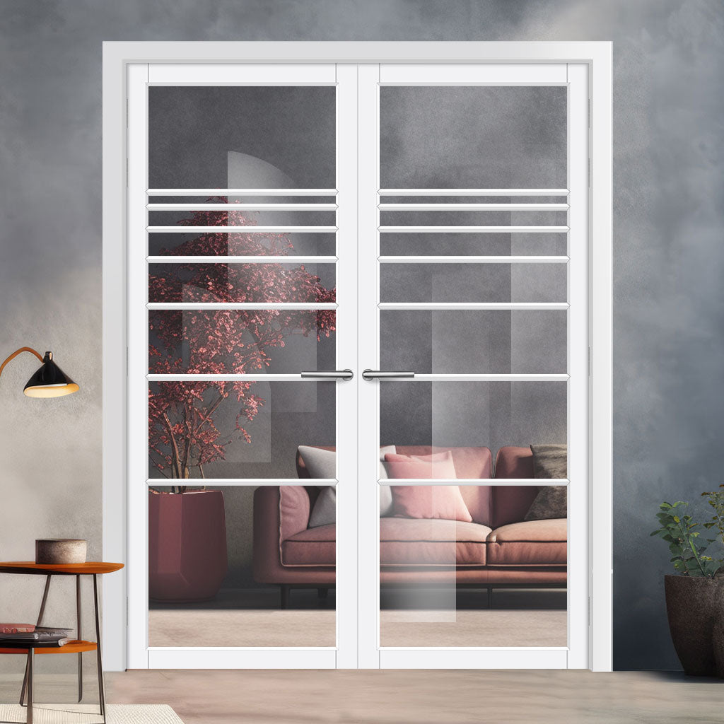 Amoo Solid Wood Internal Door Pair UK Made DD0112C Clear Glass - Cloud White Premium Primed - Urban Lite® Bespoke Sizes