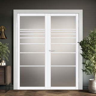 Image: Amoo Solid Wood Internal Door Pair UK Made DD0112F Frosted Glass - Cloud White Premium Primed - Urban Lite® Bespoke Sizes