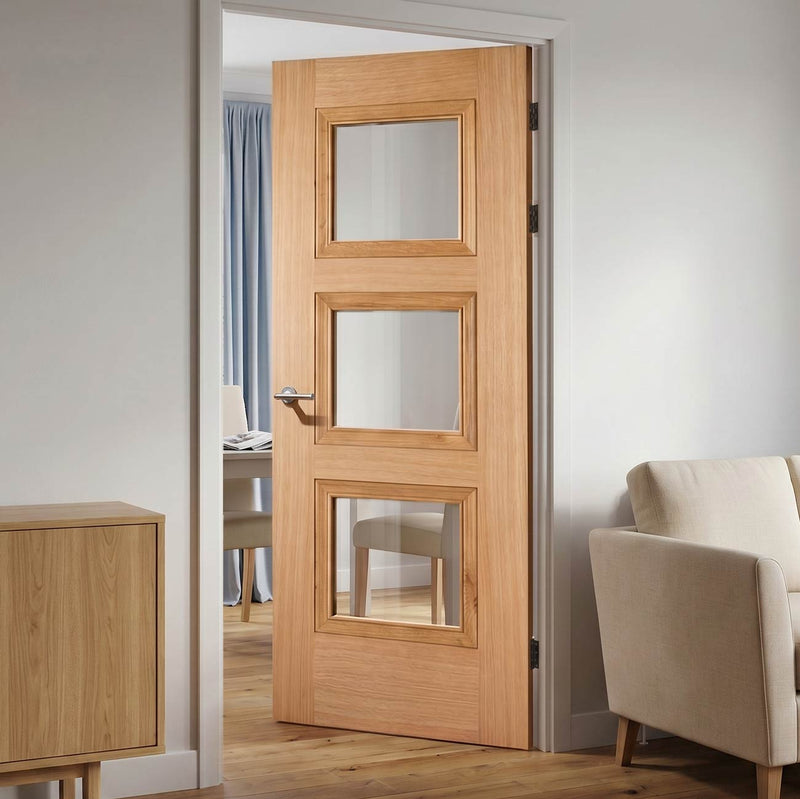 Amsterdam 3 Pane Oak Internal Door - Clear Glass - Prefinished