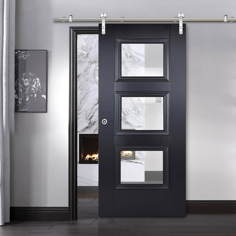 Saturn Tubular Stainless Steel Sliding Track & Amsterdam Black Primed Door - Clear Glass - Unfinished