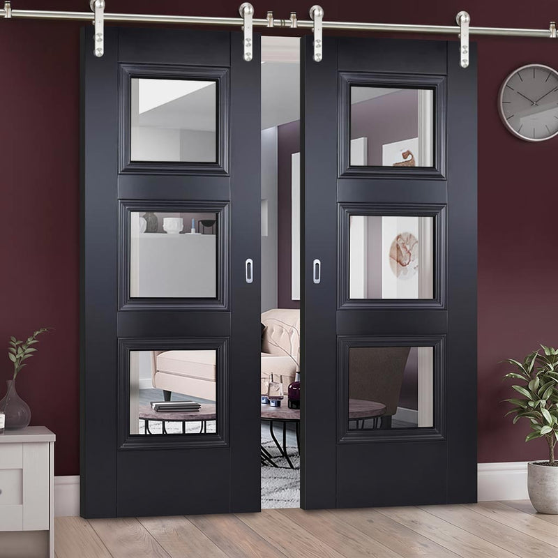 Saturn Tubular Stainless Steel Sliding Track & Amsterdam Black Primed Double Door - Clear Glass - Unfinished
