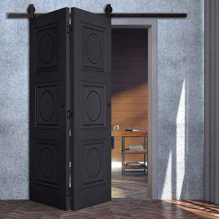 Image: SpaceEasi Top Mounted Black Folding Track & Double Door  - Antwerp 3 Panel Black Primed Door