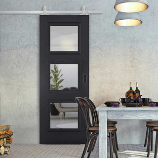 Image: Top Mounted Stainless Steel Sliding Track & Door - Antwerp 3 Pane Black Primed Door - Clear Glass