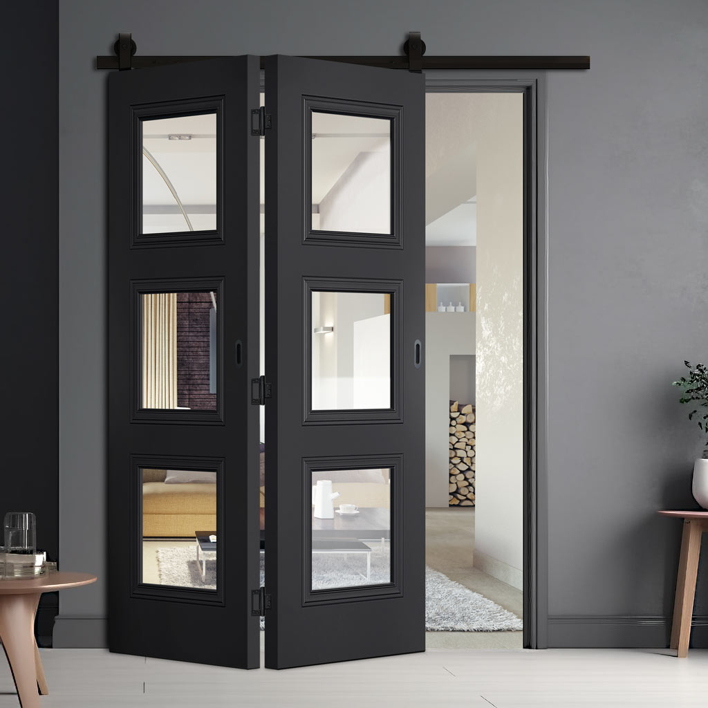 SpaceEasi Top Mounted Black Folding Track & Double Door  - Antwerp 3 Pane Black Primed Door - Clear Glass