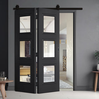 Image: SpaceEasi Top Mounted Black Folding Track & Double Door  - Antwerp 3 Pane Black Primed Door - Clear Glass