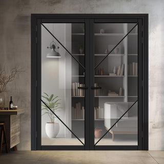 Image: Aria Solid Wood Internal Door Pair UK Made DD0124C Clear Glass - Shadow Black Premium Primed - Urban Lite® Bespoke Sizes