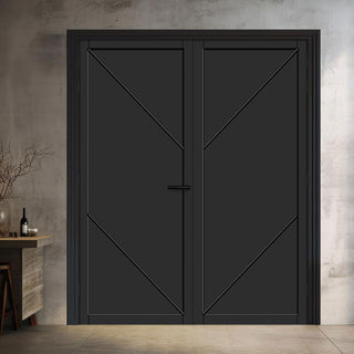 Image: Aria Panel Solid Wood Internal Door Pair UK Made DD0124P - Shadow Black Premium Primed - Urban Lite® Bespoke Sizes