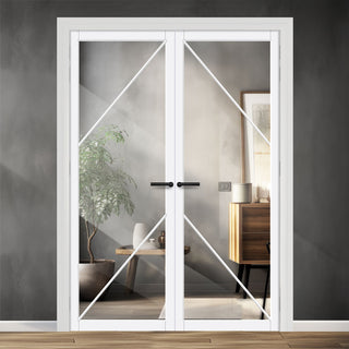 Image: Aria Solid Wood Internal Door Pair UK Made DD0124C Clear Glass - Cloud White Premium Primed - Urban Lite® Bespoke Sizes
