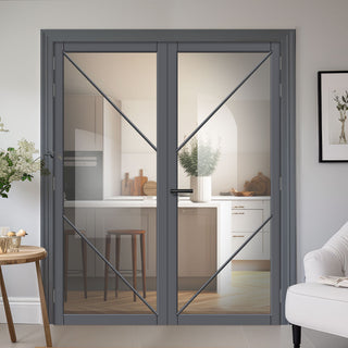 Image: Aria Solid Wood Internal Door Pair UK Made DD0124C Clear Glass - Stormy Grey Premium Primed - Urban Lite® Bespoke Sizes