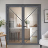 Aria Solid Wood Internal Door Pair UK Made DD0124C Clear Glass - Stormy Grey Premium Primed - Urban Lite® Bespoke Sizes